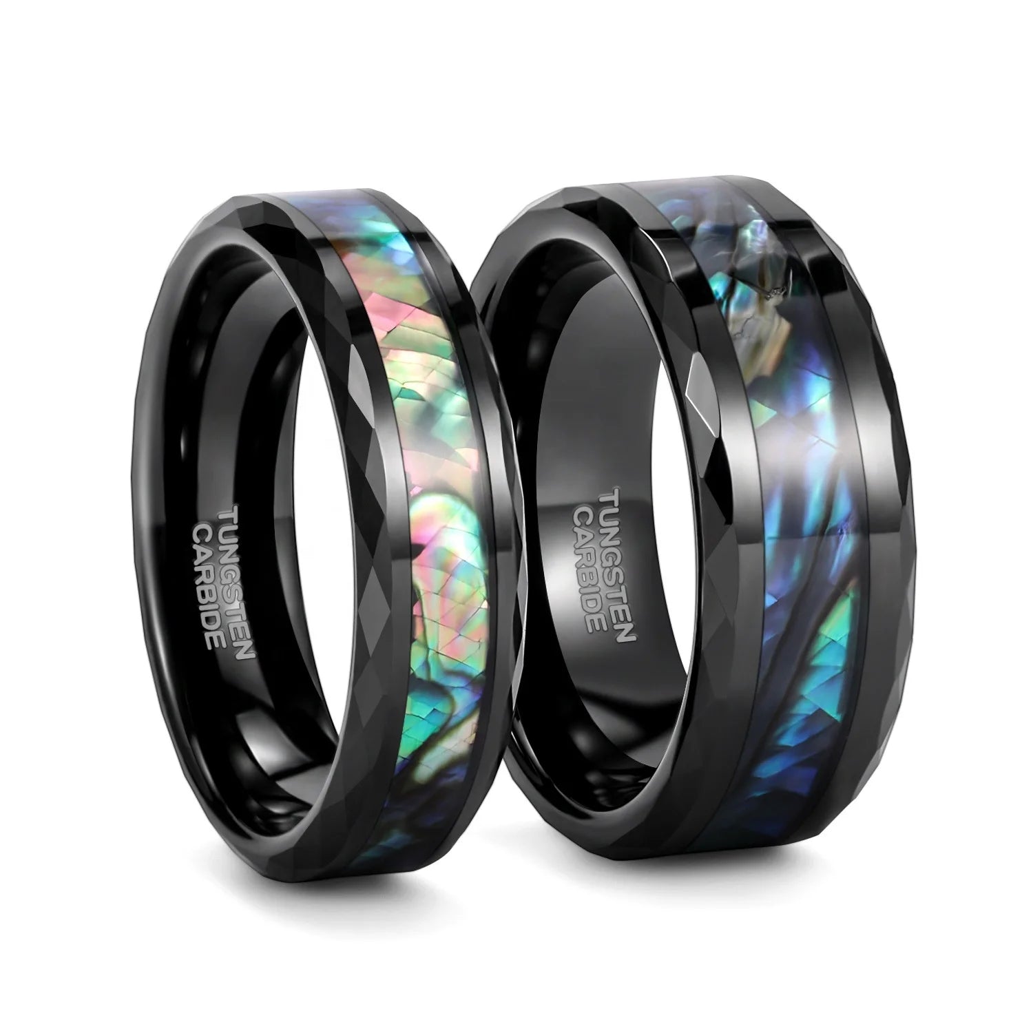 POYA Hammered Tungsten Ring Abalone Shell Inlay 6mm 8mm Mens Women Black Wedding Band