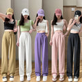 2023 Women's Spring Purple High Waist Button Casual Pants New Fashion Straight Floor-Length Trousers with Flat Front Style