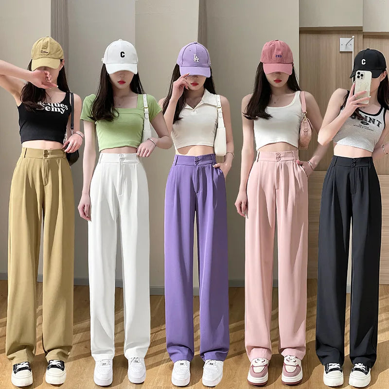 2023 Women's Spring Purple High Waist Button Casual Pants New Fashion Straight Floor-Length Trousers with Flat Front Style