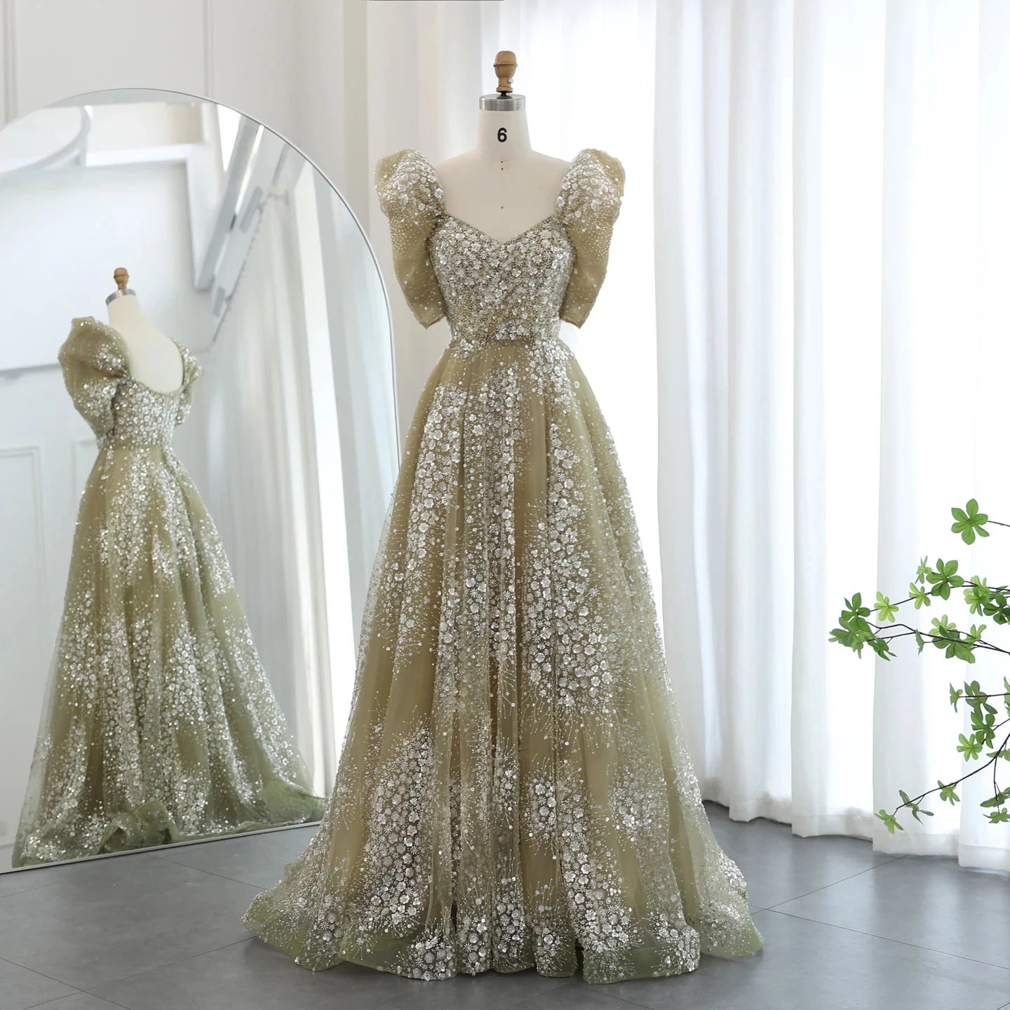 Jancember SZ155 Unique Puff Sleeve Sequins Green Formal Evening Gowns Dresses