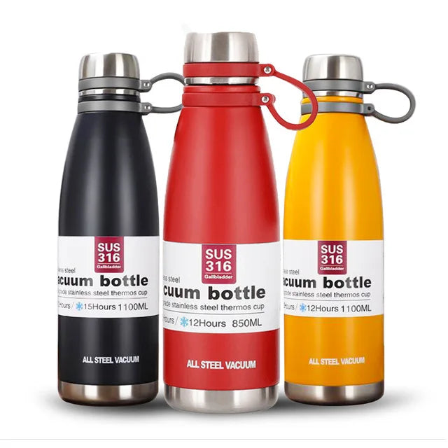650ML 850ML 1100ML 316 Stainless Steel Double Wall Insulated Water Bottles With Silicone Strap