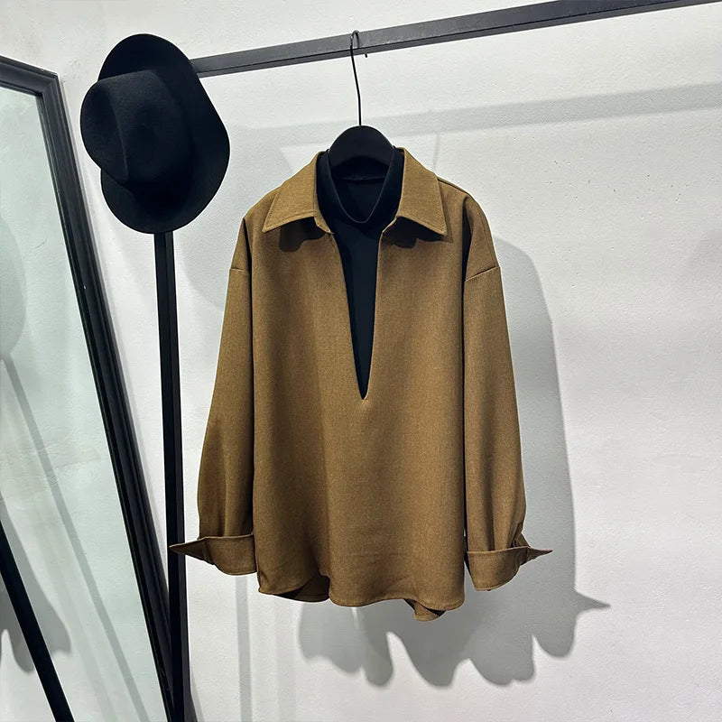 Boutique Wholesale 2025 Autumn New Fashion Retro Design Sense Splicing Loose Stand Collar Pullover Women's Shirt
