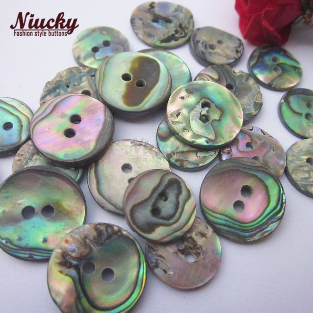 15mm / 14mm / 12.7mm Flat 2-Holes Natural Dark Abalone Shell Buttons Niucky Brand Washable for Sewing Coat SeaShell Clothing