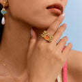 J&D Ocean Stainless Steel 18K Gold Plated Finger Ring Crab Red Cat Eye Stone Adjustable Summer Stacking Rings