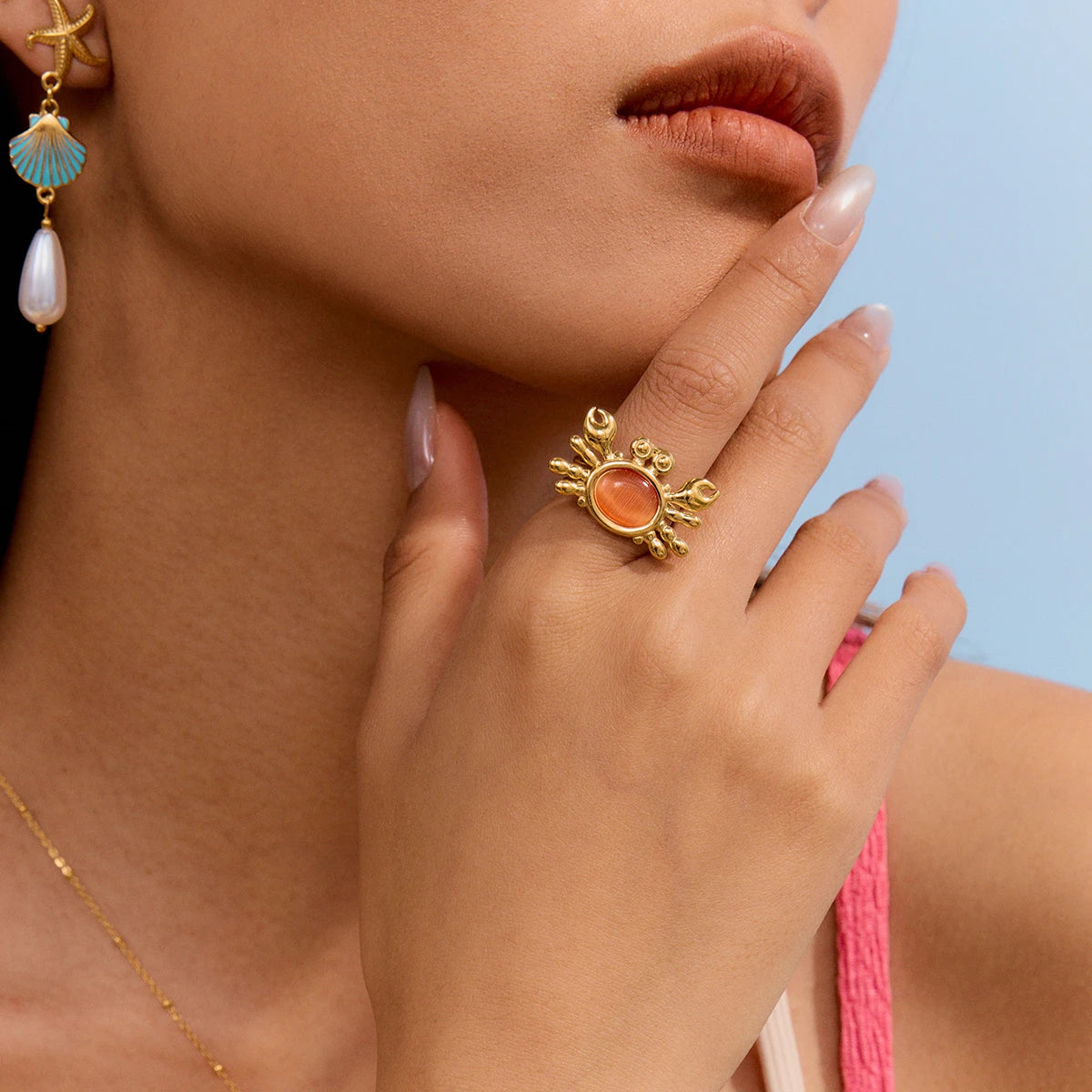 J&D Ocean Stainless Steel 18K Gold Plated Finger Ring Crab Red Cat Eye Stone Adjustable Summer Stacking Rings