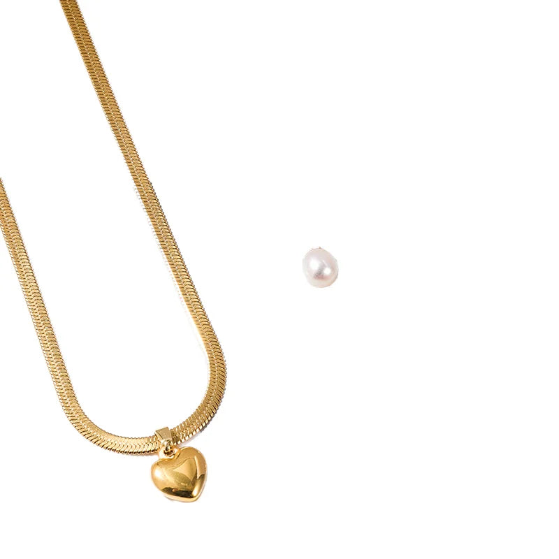 HOVANCI New Arrival 18K Gold Plated Stainless Steel Snake Chain Cubic Zirconia Heart Natural Pearl Choker Necklace for Women
