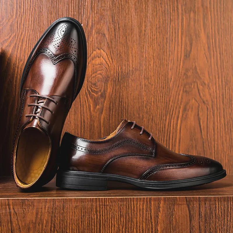Cow Leather Brogue Shoes Business Formal Wedding Shoes British Casual Breathable Men Leather Dress Shoes