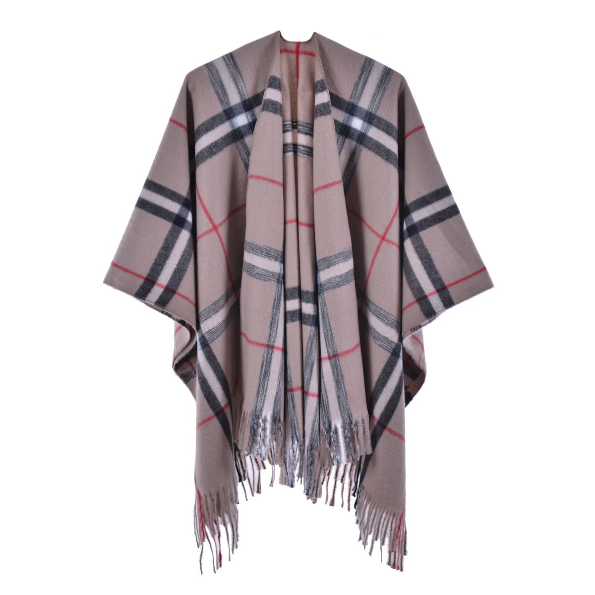 Hot Selling Luxury Designer Camel Plaid Pattern Winter Cashmere Cape Coat Fashion Women Pashmina Tassels Ponchos for Women