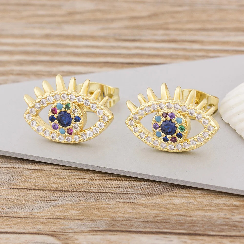QIKU New Arrival Fashion Eye Stud Earrings Women Vintage Crystal Copper Zirconia Colorful Rhinestone Jewelry Birthday Gift