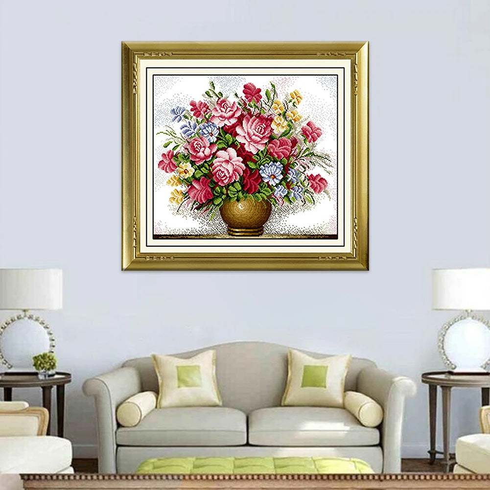 Diy Cross-stitch Printing Pattern Handmade Embroidered Vase Flower Diy Craft Cross-stitch Cotton Needlework Home Wall Decoration