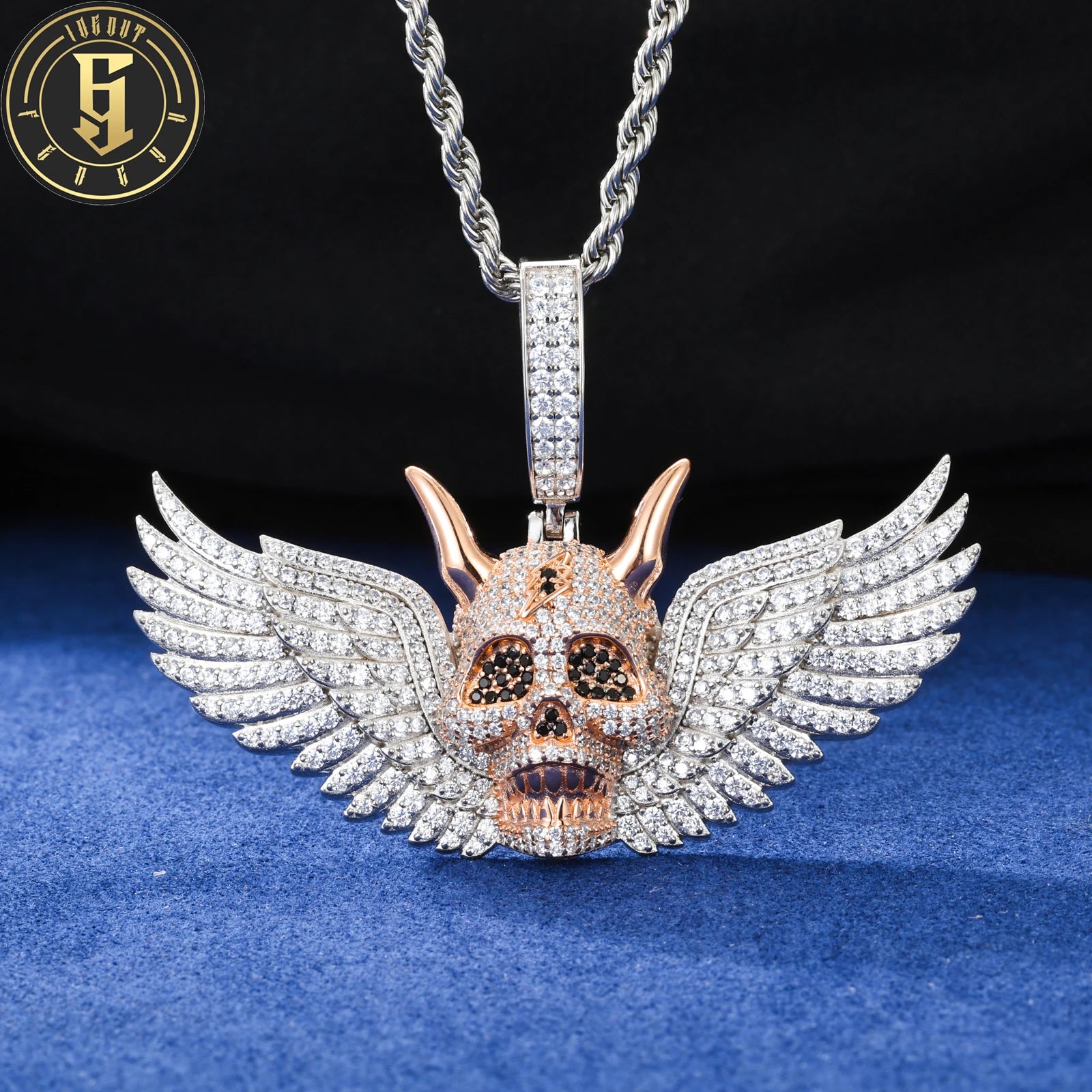 High Quality Hip Hop Jewelry Mens Brass Zircon Diamond Iced Out Two Tone Skull Head Wing Pendant for Gift