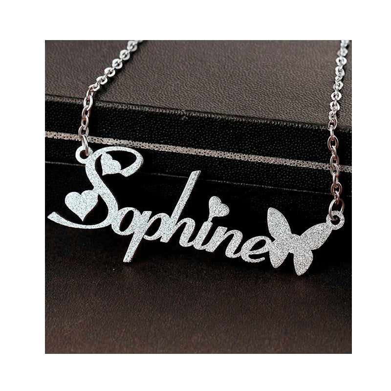 Diy Custom Name Necklace Stainless Steel Jewelry Butterfly Love Letter Custom Name Sandblasted Pendant Necklace for Women