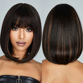 Factory Outlet Brown Red Striped Bob Synthetic Wig With Bangs Short Straight Multi-Layer Lolita Natural Hairstyle Durable