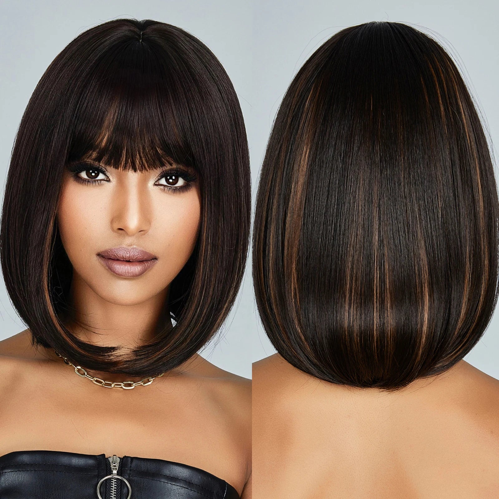 Factory Outlet Brown Red Striped Bob Synthetic Wig With Bangs Short Straight Multi-Layer Lolita Natural Hairstyle Durable