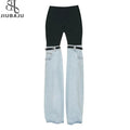 Patchwork Jeans Women Straight Pants Chic Belt Pockets Elastic Waist Hipster Streetwear Causal Daily Wild Trousers