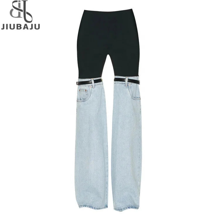 Patchwork Jeans Women Straight Pants Chic Belt Pockets Elastic Waist Hipster Streetwear Causal Daily Wild Trousers