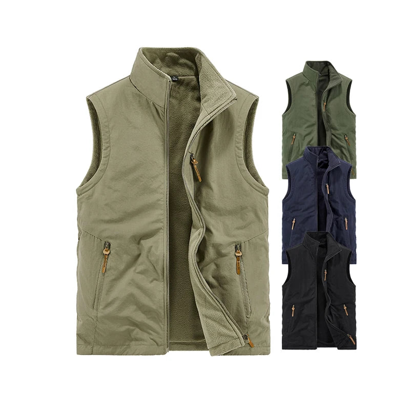 Men's Practical Utility Soft Shell Custom Logo Reversible Stand Collar Polar Fleece Two-side Sleeveless Jacket