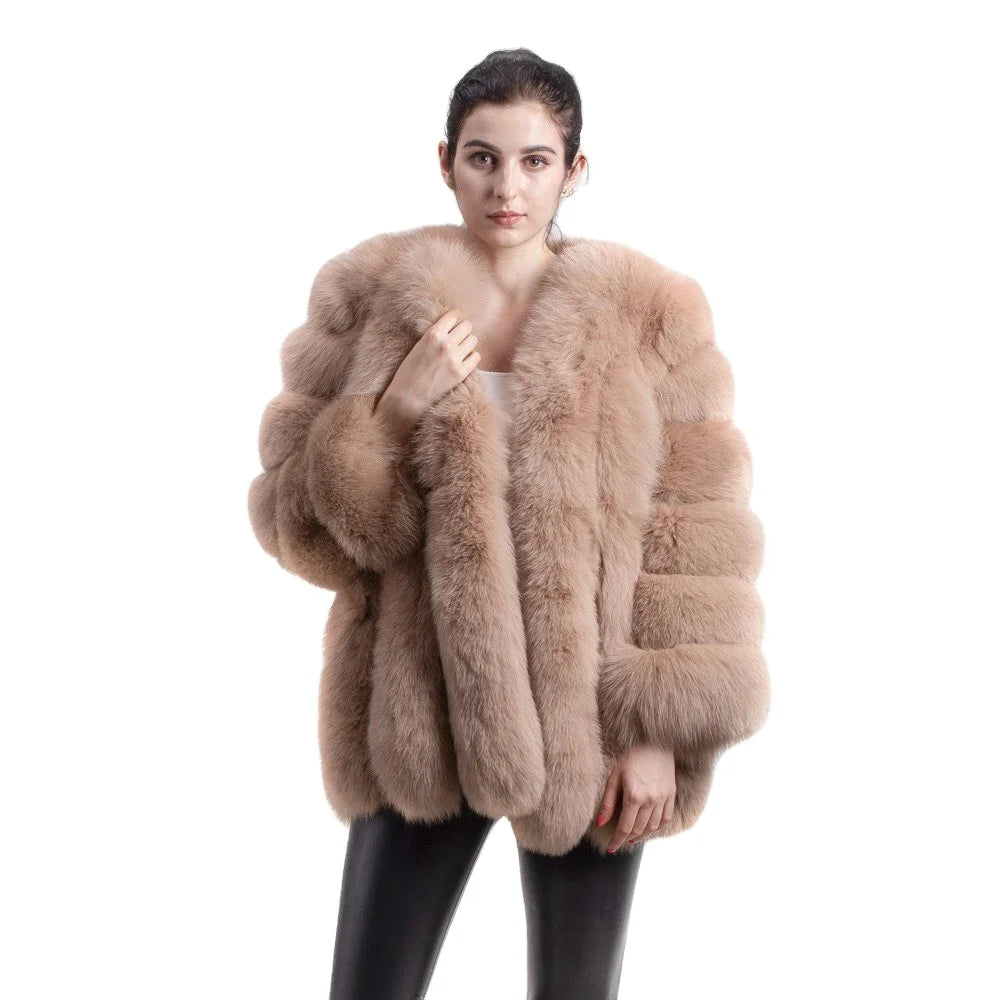 QIUCHEN 2021 New Arrival Women Plus Size Casual Winter 100% Natural Warm fox Fur Breathable Jacket Ot Sale Long Sleeve QC8128