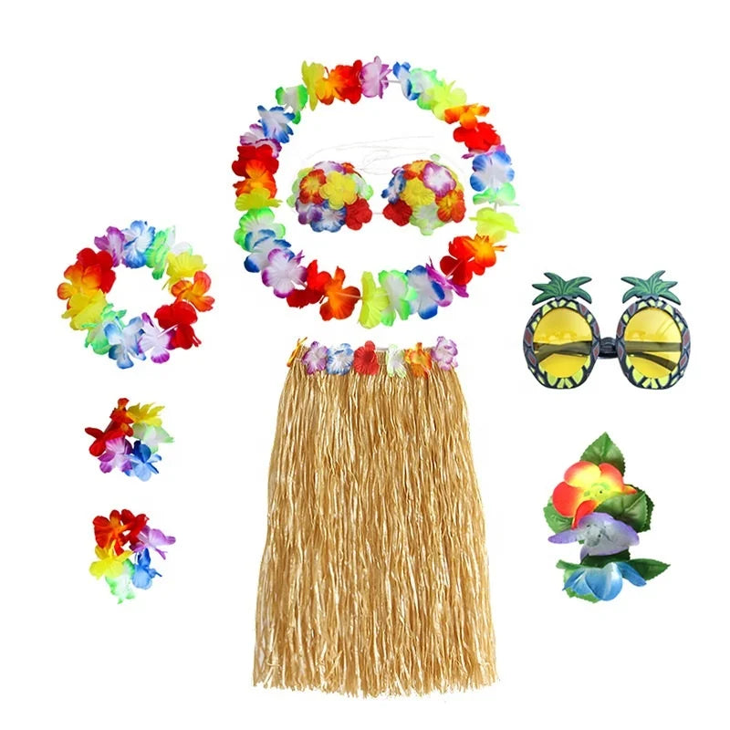 8 Pack Modern Style 60cm Hula Skirt & Bikini Top Set Hawaii Luau Party Beach Decor Costume Accessory Kit Cloth & Plastic