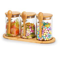 18oz Round Airtight Borosilicate Glass Canister 510ml Spice Jar Set Modern Wooden Lid Spoon and Tray for Storage