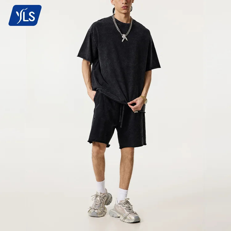 YLS5045 Wholesale Summer Wear Distressed Shorts Set Snow Wash Pure Cotton Custom Man Two Piece T-Shirt Set
