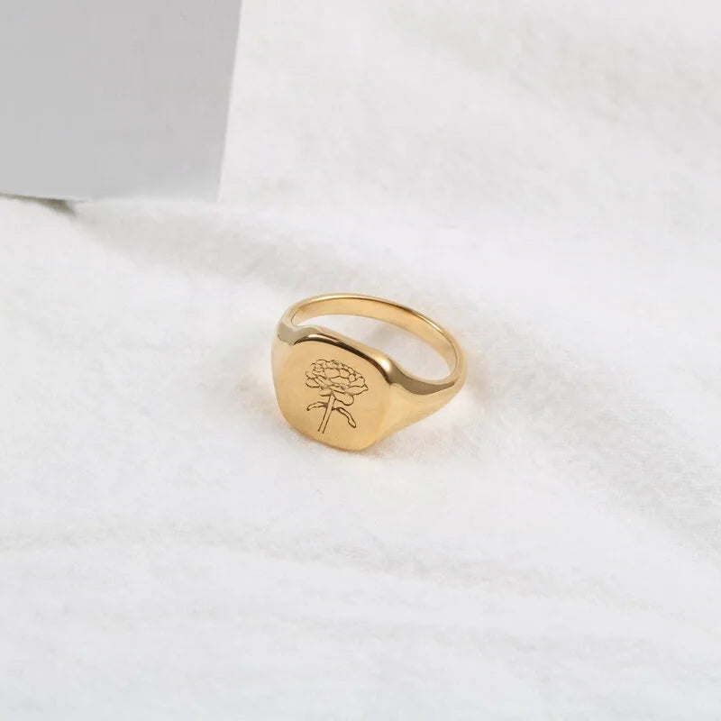 Lady Love Women Engraving Jewelry Flower Engraved 18k Gold Plated Stainless Steel Signet Ring