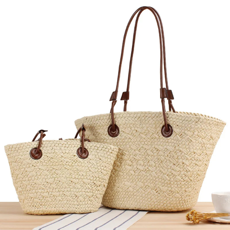 Handmade Chic Woven Tote Shoulder Bags for Women Large Summer Beach Natural Straw Purses with Open Closure Type Fashion Style