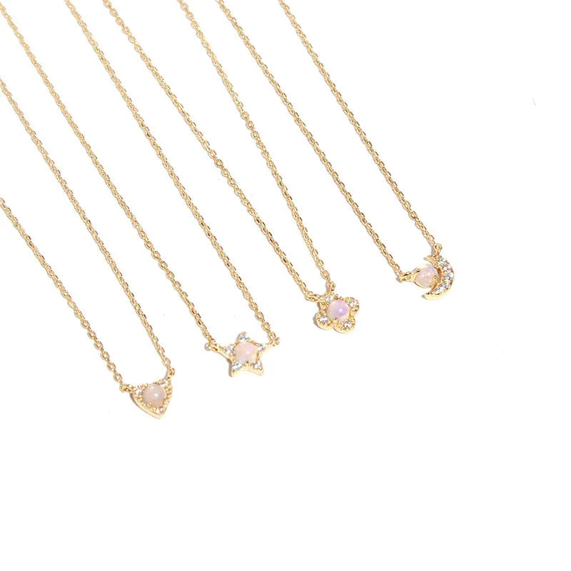 S925 Gilded Four-Leaf Clover Moon Star Flower Love Clavicle Delicate Tiny Gold Vermeil Teeny Dainty Opal Necklace for Mom