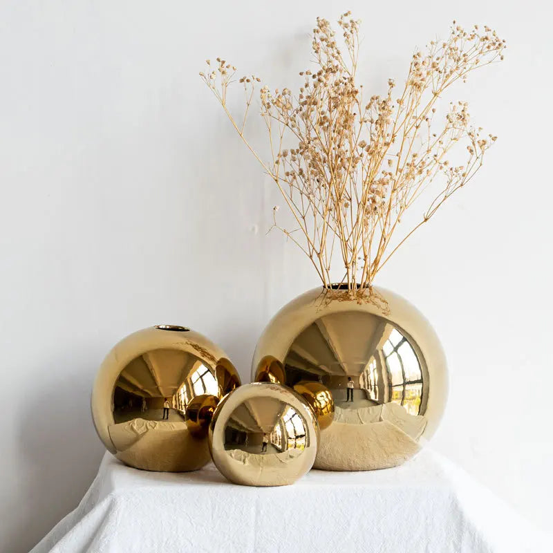 Golden Ceramic Vase Round Ball Flower Bottle for Home Decor