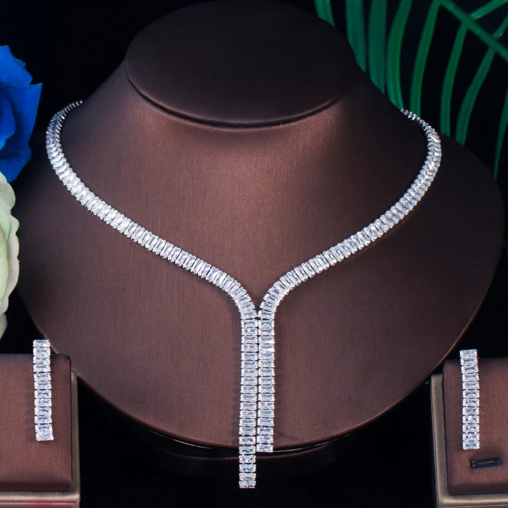White Gold Plated Green Baguette Cubic Zircon Stone Jewelry Sets CZ Necklace and Earrings for Ladies Wedding Birthday Party Gift