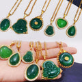 Verified Manufacturer Gold Plated Jewelry 18k Lucky Religious Buddha Pendant Crystal Diamond Green Jade Buddha Necklace