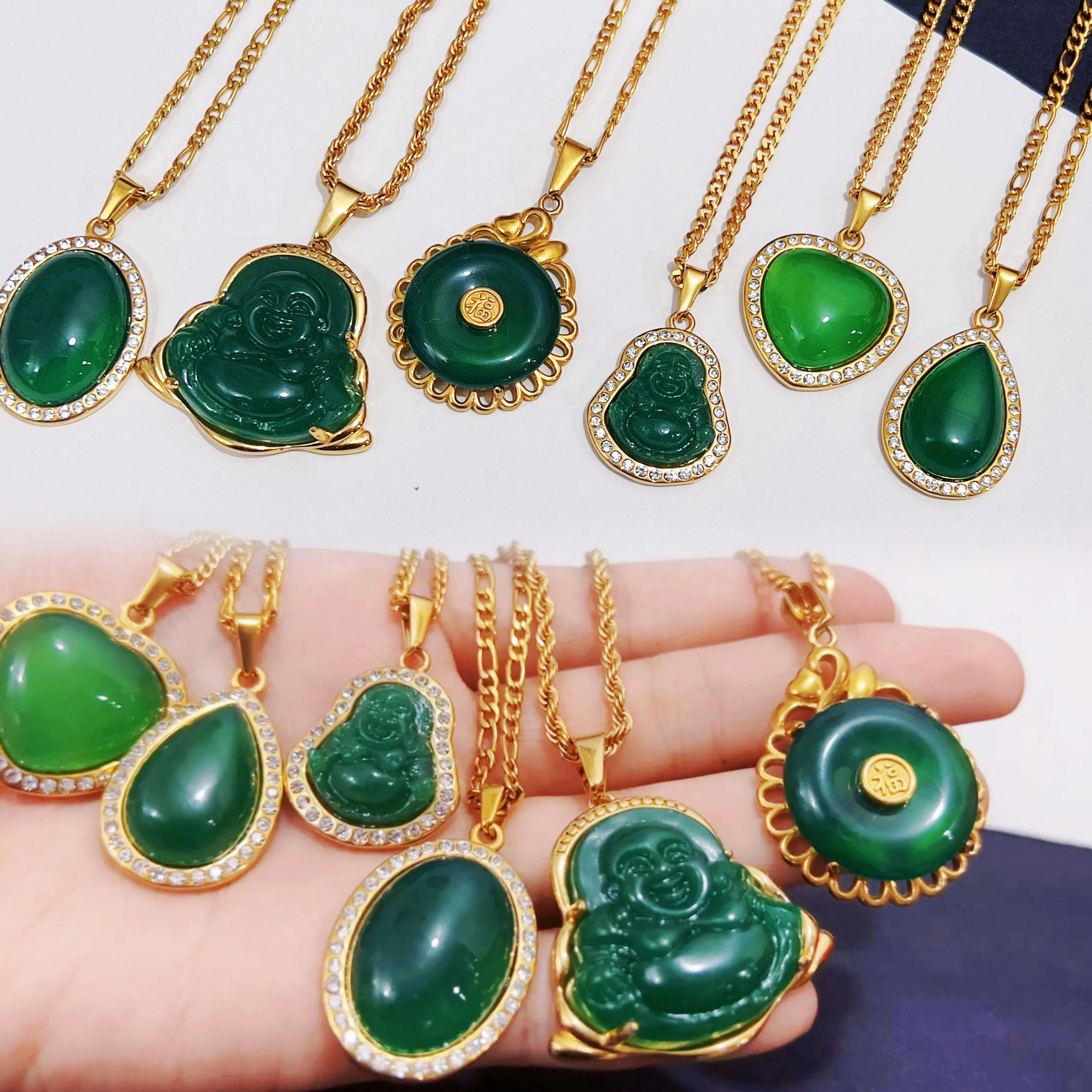 Verified Manufacturer Gold Plated Jewelry 18k Lucky Religious Buddha Pendant Crystal Diamond Green Jade Buddha Necklace