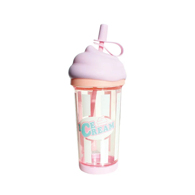 Drink Cup Colorful Students Gift Travel Double Wall Tumbler 500ML Ice Cream Shape Sports Plastic Water Cups With Straw for Girls