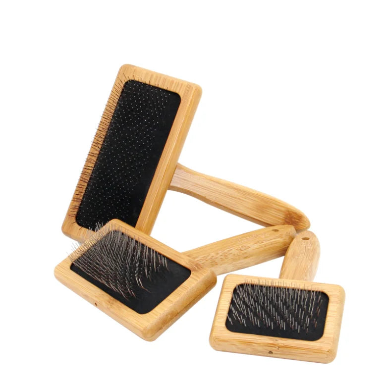 Bamboo Groom Slicker Brush With Stainless Steel Pins for Pets Dog Slicker Long Bristle Brush
