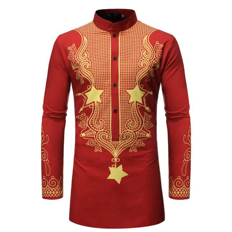 Fashion Mens Long-sleeved Printed Shirt Personality Base Ethnic African Style Shirt Hip Hop Stand Collar Top