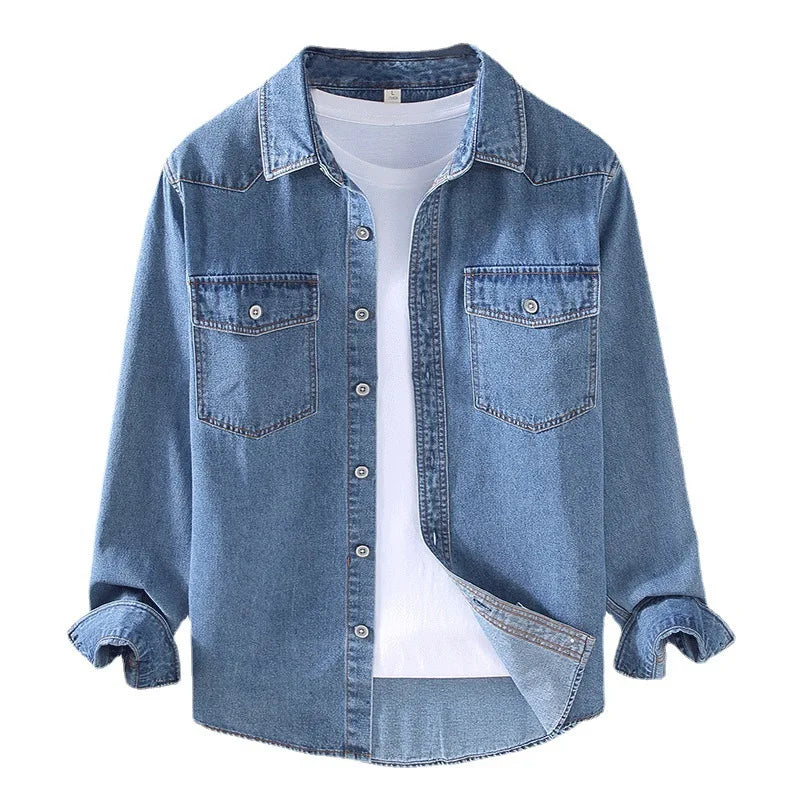 RNSHANGER Fashion Long Sleeve Denim Shirt for Men Spring Street Casual Vintage Shirt Lapel Pockets Blue Jean Shirts