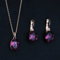 S152 Women Classic Geometric Oval Purple Crystal Rose Gold Color Earrings and Necklace Jewelry Set
