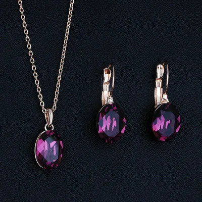 S152 Women Classic Geometric Oval Purple Crystal Rose Gold Color Earrings and Necklace Jewelry Set