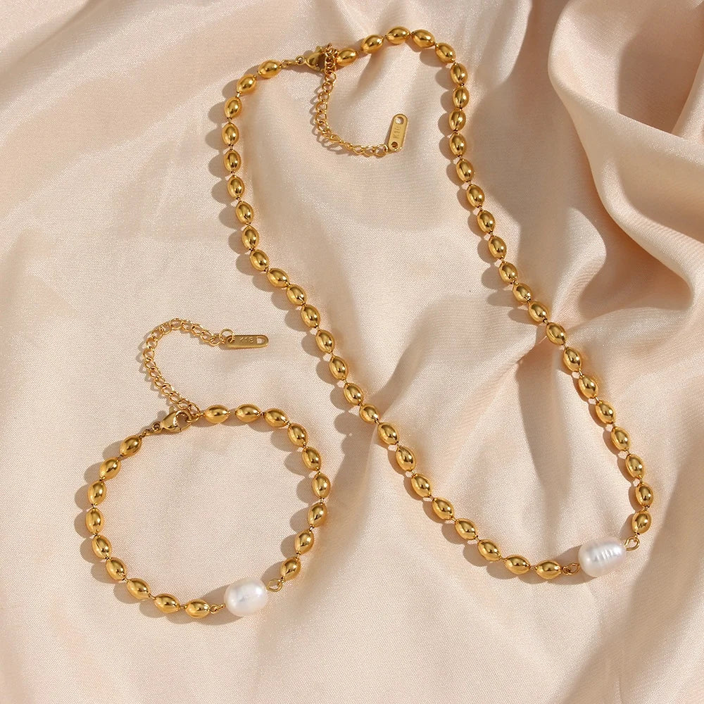 Drop Ship Pearl Charm 18K Gold Plated Stainless Steel Bead Chain Necklace Choker Necklace for Women