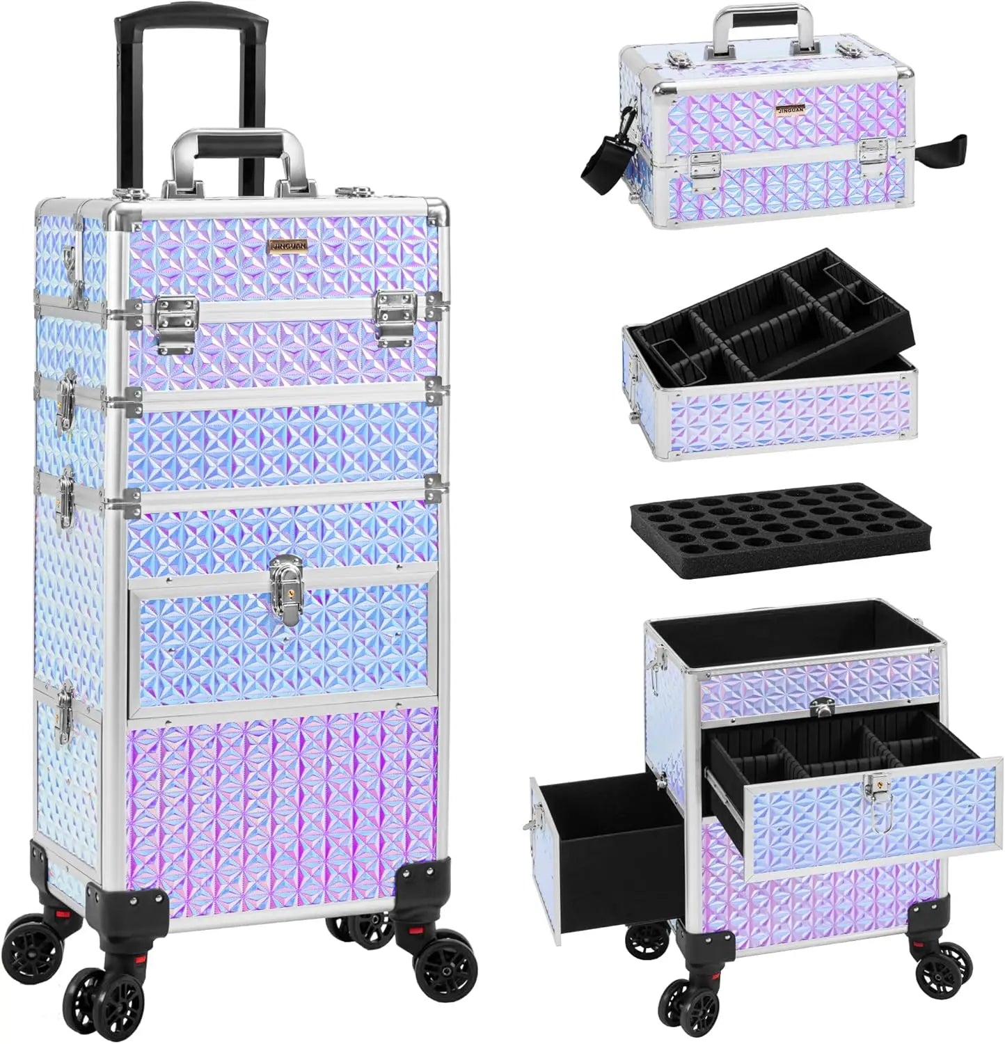 4 in 1 Rolling Makeup Case with Drawers Multi-functional Cosmetic Trolley Case