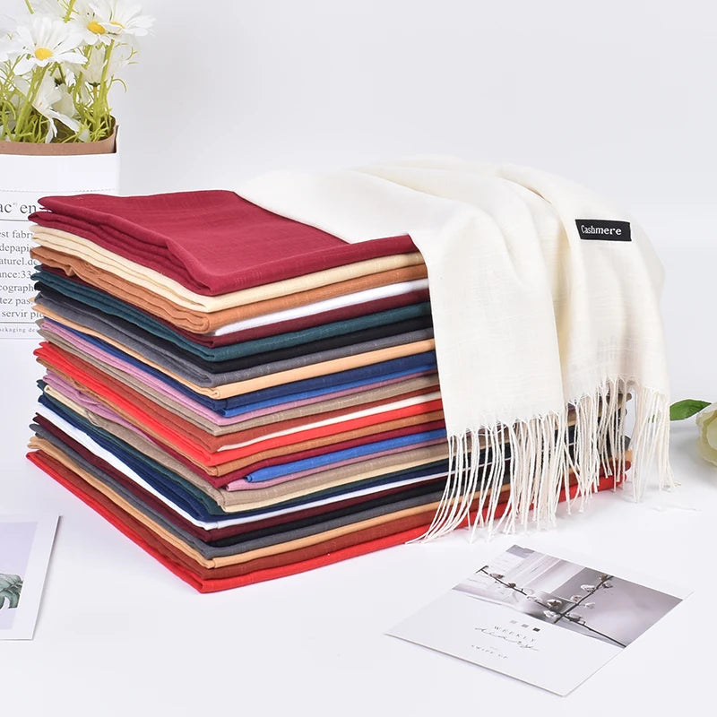 Autumn and Winter Fashion New Bamboo Yarn Solid Color Tassel Scarf Silk Scarf Warm Shawl Multi Color Selection