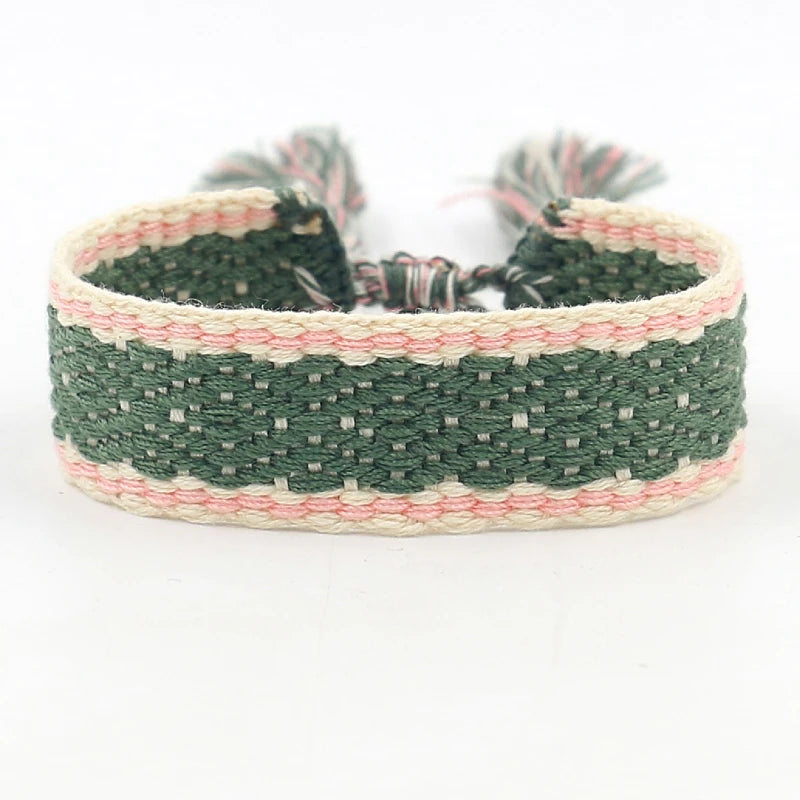 Bohemian Ethnic Style 2cm Wide Polyester Webbing Tassel Embroidery Wrist Band Custom Text Hand Woven Bracelets
