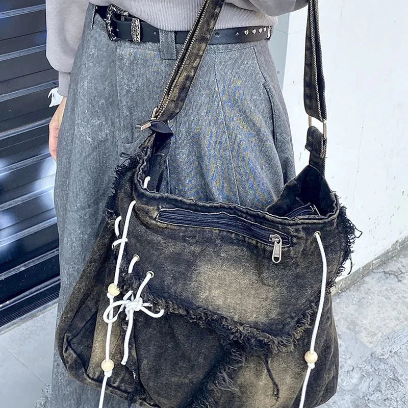 Denim Washed Tassel Messenger Bag Large Capacity Zipper Student Casual Shoulder Bag