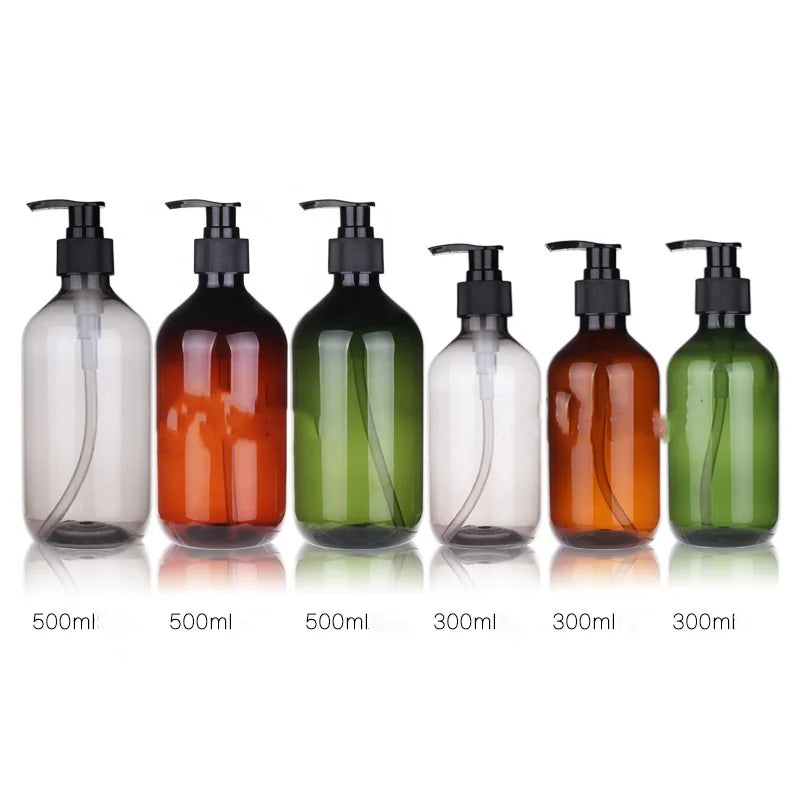 Custom Eco-friendly 250ml 500ml Classy Round Shampoo Amber Hotel PET Plastic Amber Green Black Pump  Bottle