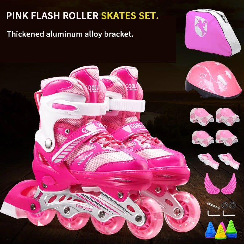 EACH Roller Skate Shoes Set for Kids Inline Skates Flashing Roller Adjustable Roller Skates 4 Wheels Professional