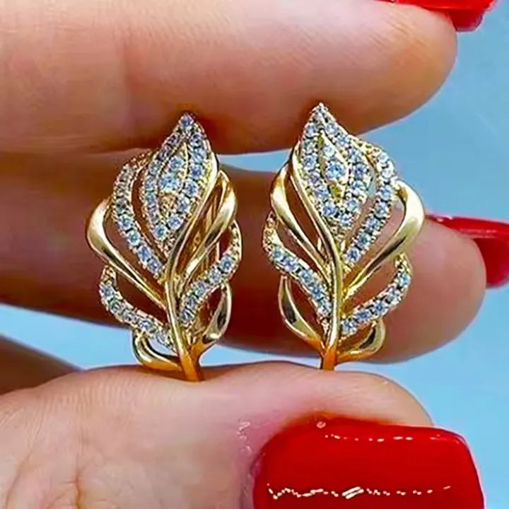 Wholesale Factory Leaf Shaped Gold Plated Cubic Zircon Earrings for Women Wedding Elegant Jewelry Hoop Earrings Custom