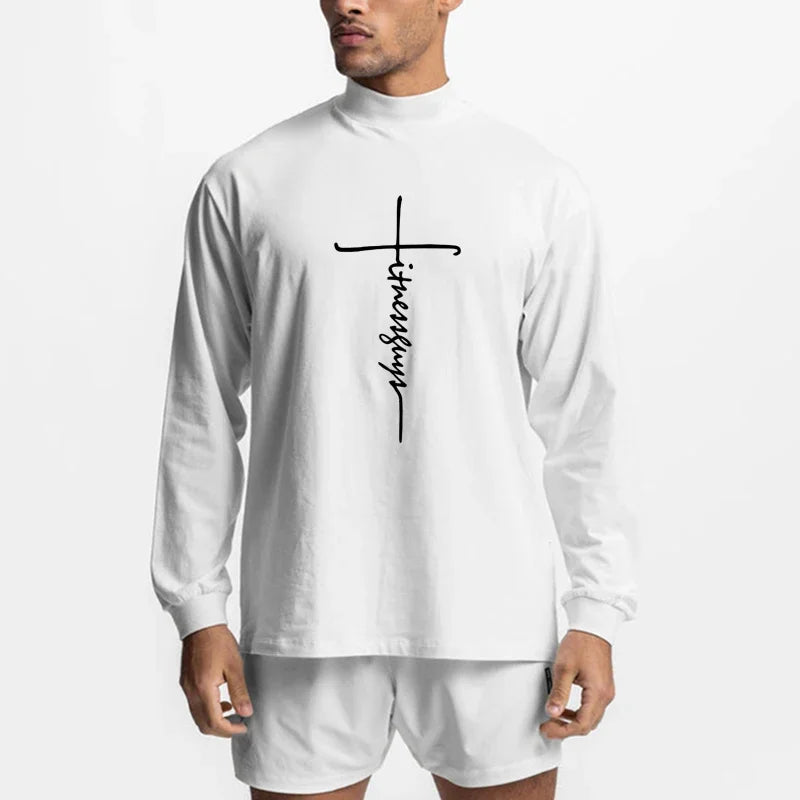 Oversized Turtleneck Long Sleeve T Shirt Mens Cotton Dropped Shoulder Loose Gym Sport Fitness T-Shirt Autumn Bodybuilding Tees