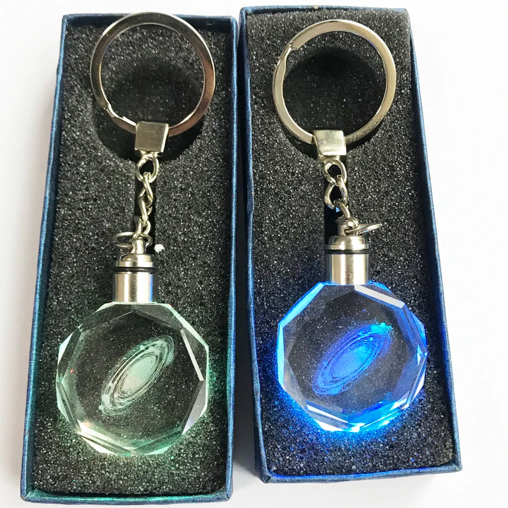 OEM 3D Laser Custom Solar Glass Crystal Universe Keychain Light Cheap Metaverse Keyring Milky Way LED Galaxy Keychain for Mobile