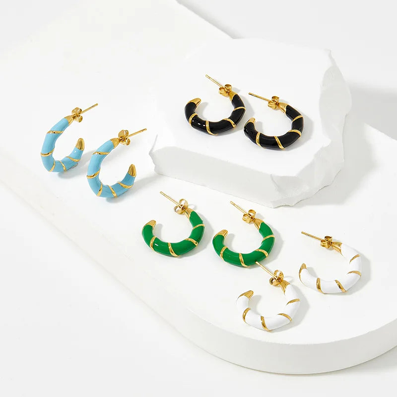 Vintage Luxury Colorful Enamel C-Shaped Opening Earrings Jewelry Oil Drop Stainless Steel Hoop Earrings
