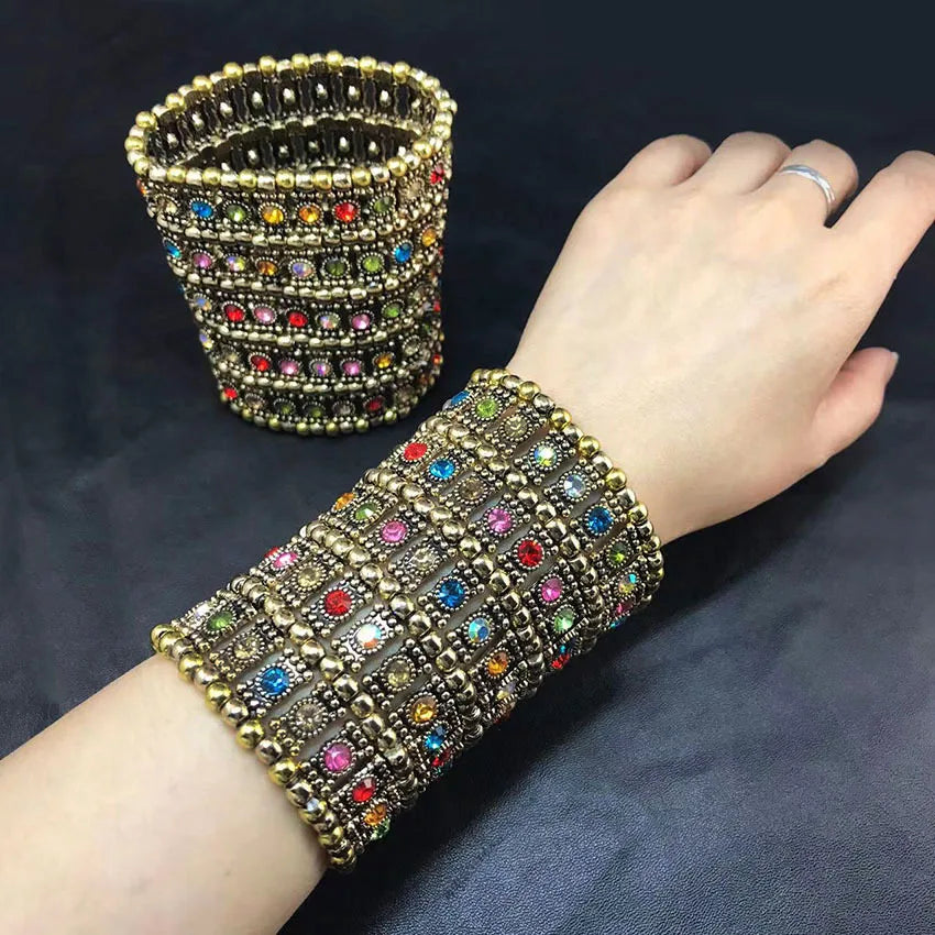 Traditional Fashion Womens Ballroom Rhinestone Beads Multilayer Wide Elastic Stretch Cuff Bracelet Bangles Dames